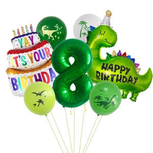 Kit 8ème anniversaire dinosaure avec ballon chiffre 8 vert, gâteau et dinosaures