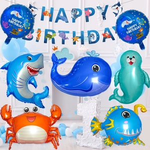 Set dettagliato di palloncini animali marini e striscione Happy Birthday per feste a tema