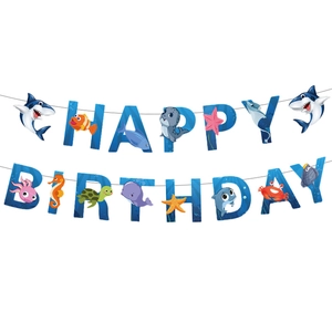 Striscione Happy Birthday animali marini blu con squalo delfino e creature marine