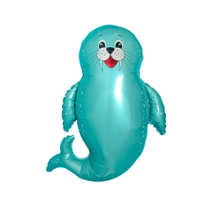 Dettaglio di un palloncino in alluminio azzurro a forma di foca per festa di compleanno