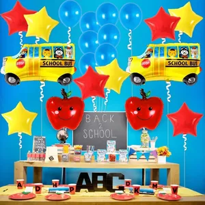 Back to school party decoration set featuring yellow school bus and red apple foil balloons
