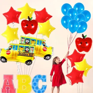 Back to School balloon set with yellow school bus and red apple foil balloons for party decor