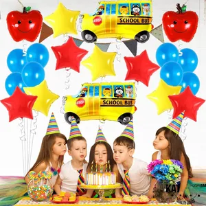 Detail of school bus and apple foil balloons set for back to school party decoration