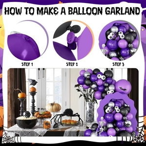 DIY Halloween balloon garland tutorial showing eye and bat patterns for party decor