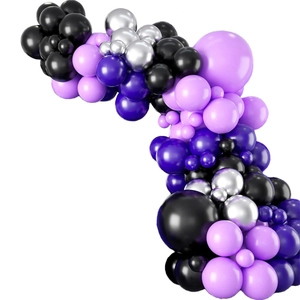Halloween balloon arch kit with metallic silver, black and purple latex balloons