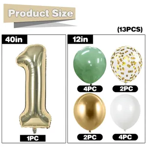 13pcs champagne gold number 1 balloon set with sage green and confetti latex balloons