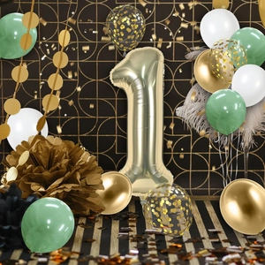 Detail of 40-inch champagne gold number 1 balloon with sage green and white party decor