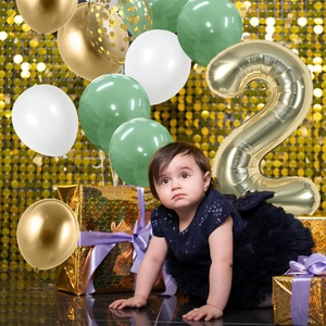 Detail of 40-inch gold number 2 foil balloon with sage green and gold latex balloon set