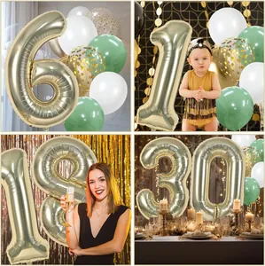 Collage of champagne gold number foil balloons in various festive birthday party settings