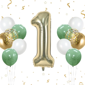 Detail of champagne gold number 1 balloon set with sage green and confetti latex balloons