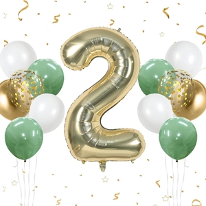 Close-up of champagne gold foil number 2 balloon with sage green and white party set