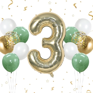 Champagne gold number 3 foil balloon set with sage green and white latex balloons for party