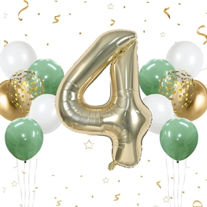 40-inch champagne gold number 4 balloon set with sage green and gold confetti balloons