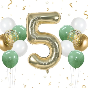 40-inch champagne gold number 5 balloon set with sage green and white latex balloons