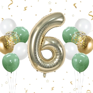 Champagne gold number 6 foil balloon with sage green and gold confetti balloon bouquet