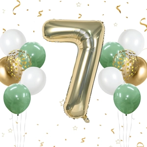 Detail of champagne gold number 7 foil balloon with sage green and confetti latex balloons