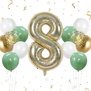 Detail of 40-inch champagne gold number 8 balloon with sage green and gold confetti decor