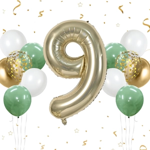 Detailed view of champagne gold number 9 foil balloon with sage green and white latex accents