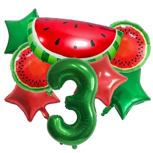 Detail view of watermelon party balloon set featuring a large green number 3 balloon