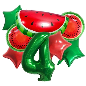 Detail of watermelon theme balloon set with large green number 4 and star balloons