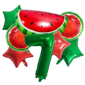 Watermelon theme party balloon set with green number 7 for 7th birthday fruit decorations