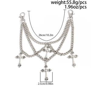 Detailed view of silver multilayer chain bag charm with Celtic cross pendants and lobster clasps
