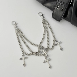 Silver multilayer chain accessory with four cross pendants and heavy lobster clasps