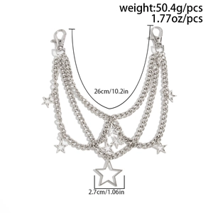 Detail view of multi-layer metal chain with star charms and dimensions 26cm 50.4g