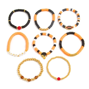 8-piece Game Day football bracelet set with orange and black clay beads and charms
