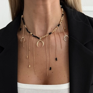 Collier à pampilles lune rétro avec pendentifs lune dorés et perles noires pour femme