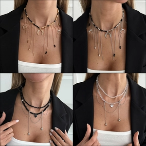 Collier Ras De Cou À Franges Multi-Rangs Bohème Avec Pendentifs Lune Cœur Cristal Alliage Pour Femme Style Rétro Sexy