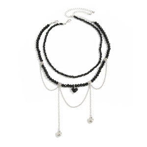 Collier ras du cou multicouche vintage avec pendentif cœur noir et pompons cœur argent