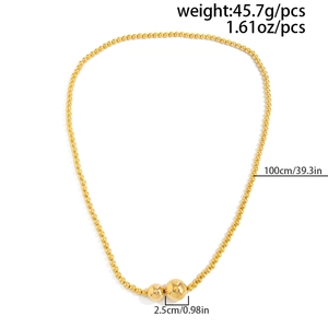 Detailed view of 100cm golden beaded necklace showing dimensions and polished gold beads