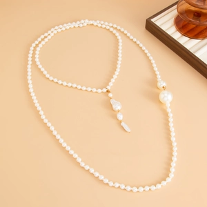 Elegant multi-layer Baroque pearl long necklace with unique white teardrop pendants