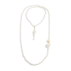 Elegant multi-layered pearl necklace with baroque charms and gold-tone metal accents