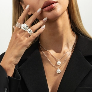 Layered Pendant Necklace And Rings Alloy Faux Artificial Pearl Heart Crystal Elegant Old Money Style Minimalist For Women