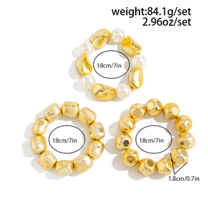 Three-piece gold beaded bracelet set with pearls showing 18cm circumference measurements