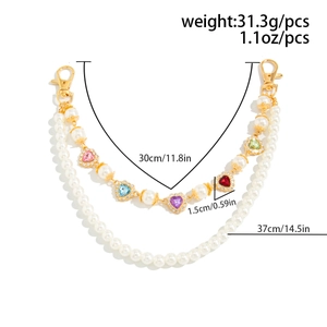 Double-layer charm chain with white pearls and colorful heart crystals including size specs