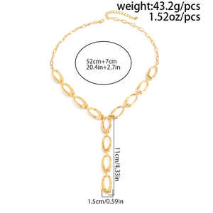 Detailed view of chunky gold oval link Y-necklace with chain size and weight specs
