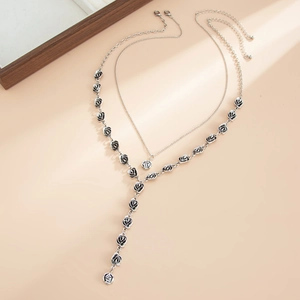 Retro gothic double layer rose pendant necklace with Y-shape chain in antique silver finish
