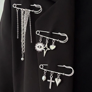Fashion silver safety pin brooches with chain tassels and charms on black blazer