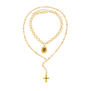 Vintage gold-layered necklace set with oval gem pendant and Y-shaped cross jewelry