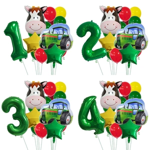 Farm Theme Birthday Balloon Bundle Green Number 1 Cow Tractor Foil Latex Balloons Kids Party Decoration