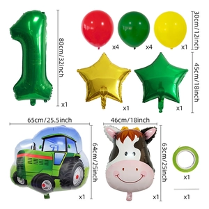 Farm animal party balloon set with green tractor, cow head, and number 1 foil balloons