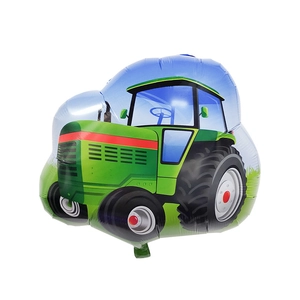 Detailed view of the vibrant green farm tractor foil balloon for party decorations