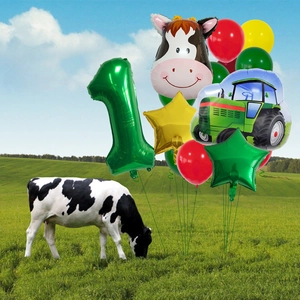 Detailed farm theme balloons set with cow tractor and 1st birthday decoration for party
