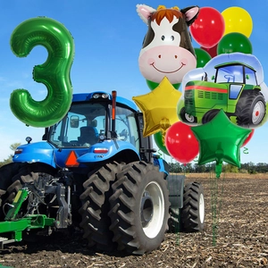 Farm theme 3rd birthday balloon set with green tractor, cow foil and star decorations