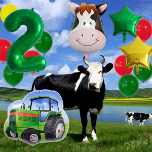 Close-up of farm theme 2nd birthday balloon set with cow, tractor and green number two