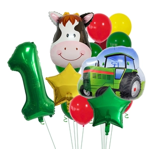 Detailed farm theme 1st birthday balloon set with green tractor and cow foil balloons