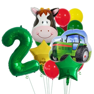 Farm animal party balloon set with green tractor, cow head, star and number two balloon
